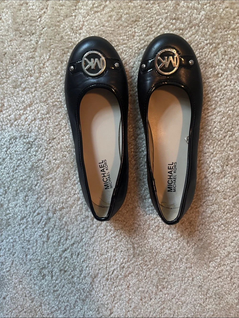 Michael Kors Black Leather MK Logo Round-Toe Flats
